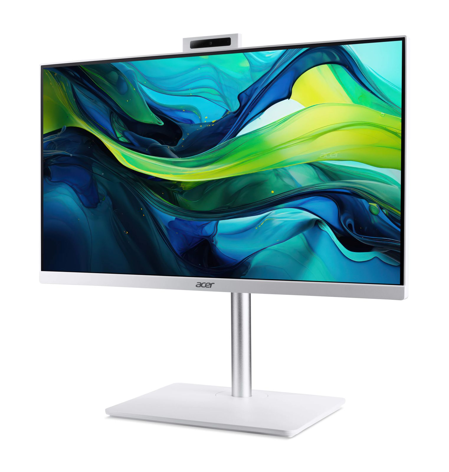 Weißer Acer Monitor mit hellem Ständer und blau-grünem Hintergrundbild auf weißem Hintergrund.