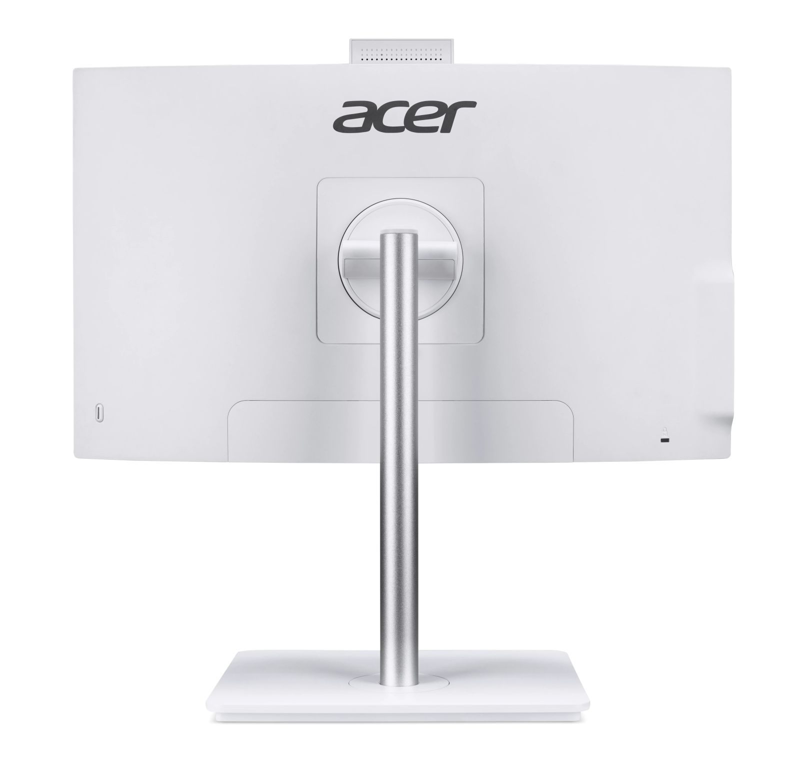 Rückansicht eines weißen Acer-Monitors mit einem silbernen Standfuß vor weißem Hintergrund.