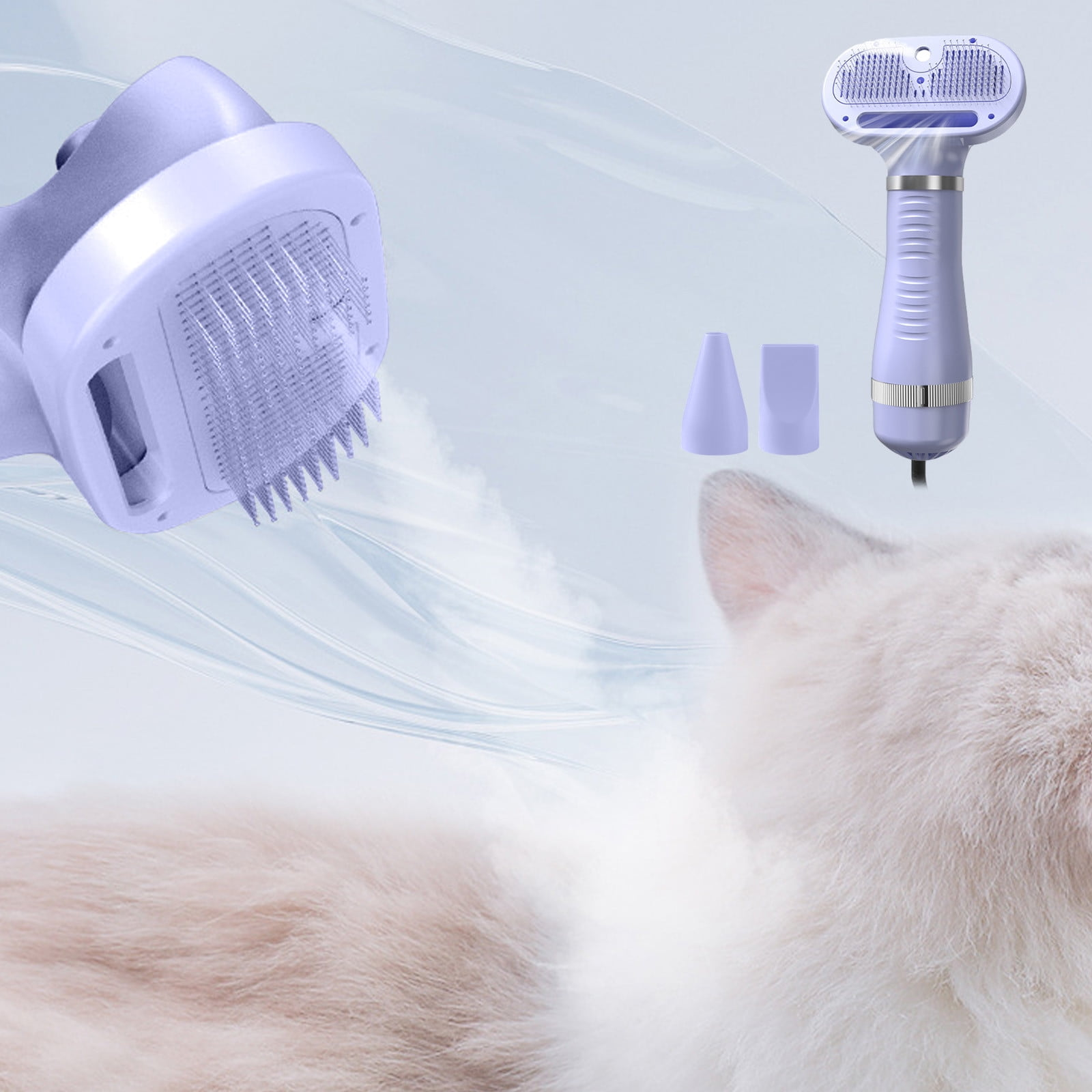 Eine violette Haustierbürste mit Föhnfunktion und Aufsätzen schwebt über einer weißen Katze.