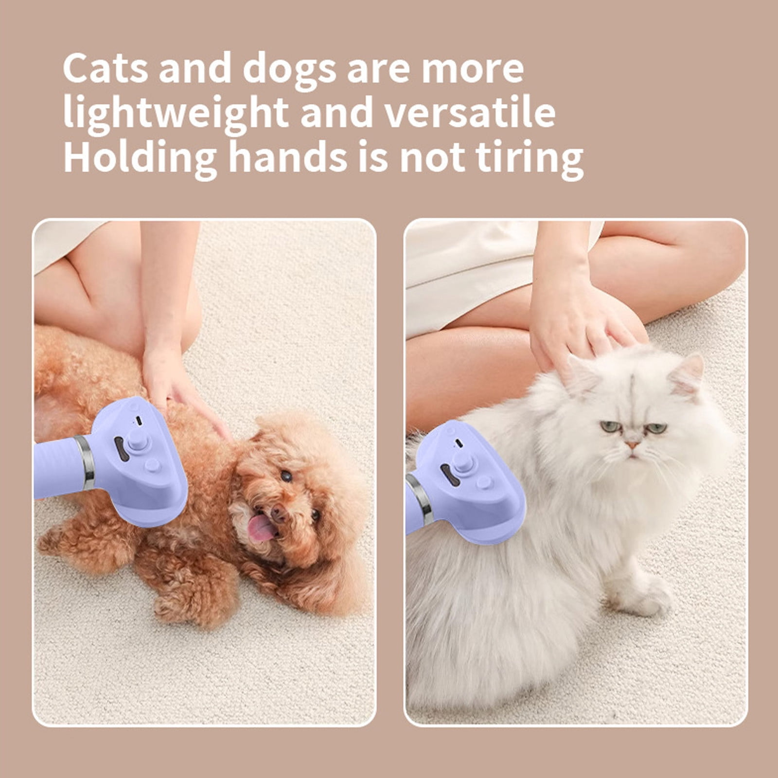 Person bürstet einen braunen Pudel und eine weiße Katze mit einem violetten Gerät.