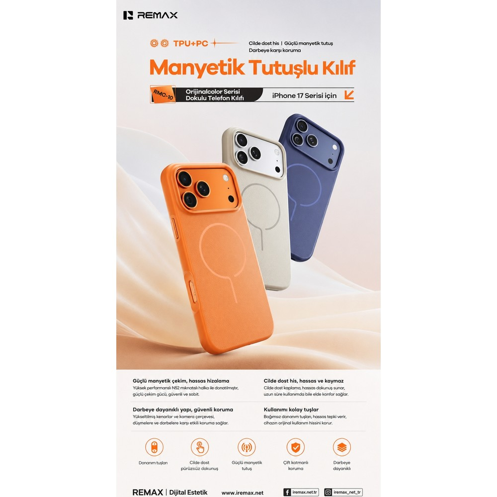 Dalgalı bir arka plan önünde turuncu, bej ve mavi renklerde manyetik telefon kılıflarını gösteren poster.