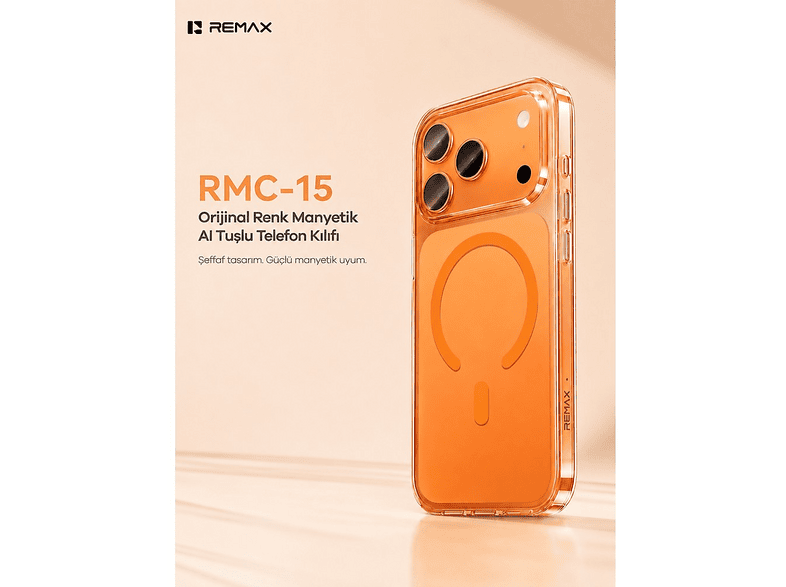 REMAX Original Color Apple iPhone 17 Pro Magsafe Uyumlu Aı Tuşlu Şeffaf Darbe Emici Bayer Silikon RMC-15 Telefon Kılıfı Turuncu