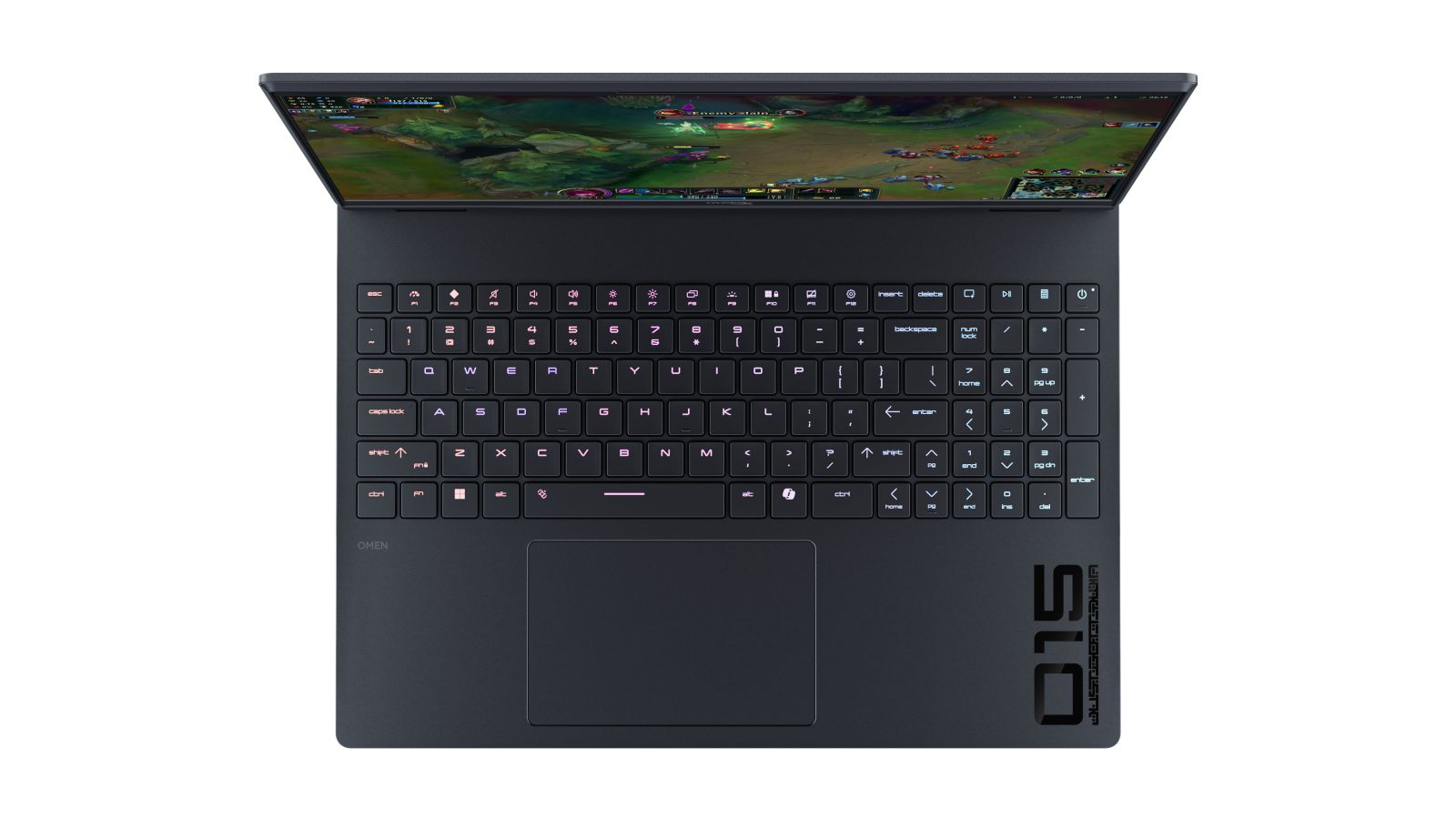 Ein schwarzer Laptop von Omen mit beleuchteter Tastatur zeigt ein Spiel auf dem Bildschirm.