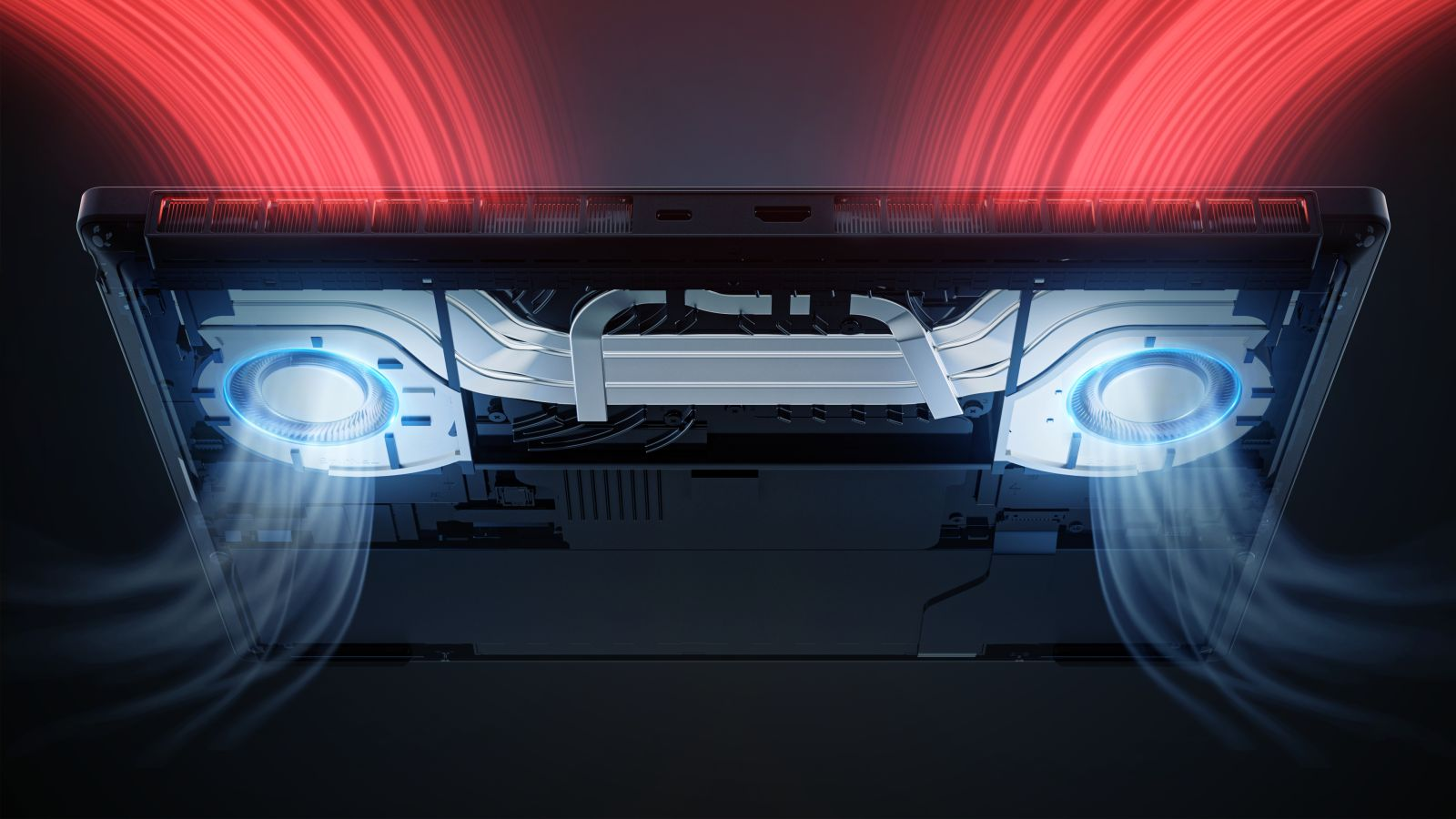 Laptop-Kühlsystem mit zwei blau beleuchteten Lüftern, silbernen Heatpipes und roten Lichtströmen oben.