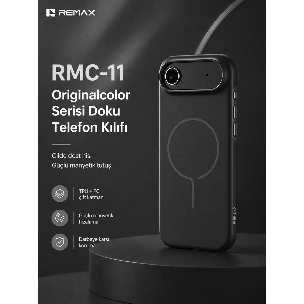 Koyu zemin üzerinde siyah Remax telefon kılıfı, solda tanıtım metni ve simgeler.