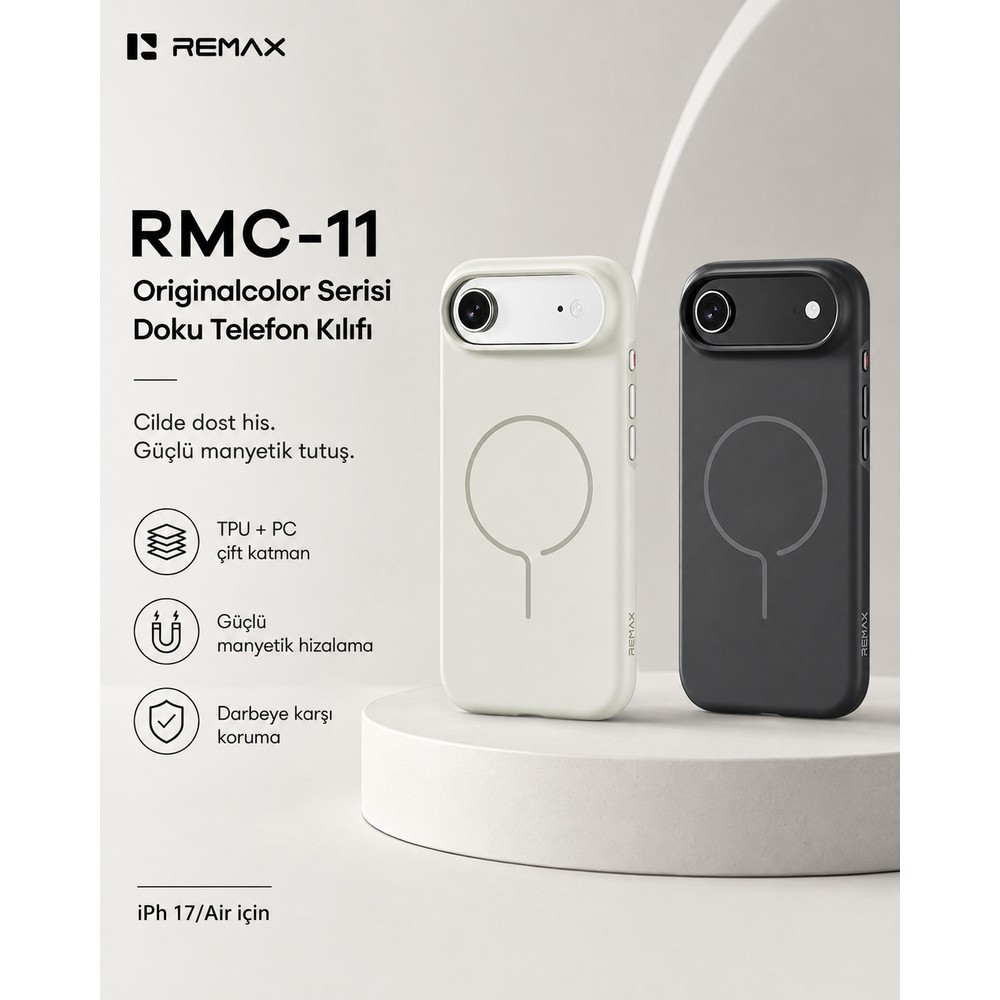 Manyetik halkalı bej ve siyah renklerde iki adet RMC-11 telefon kılıfı stantta.