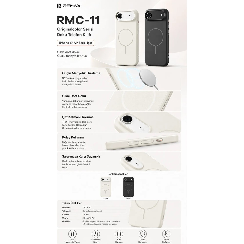 Beyaz ve siyah renkli, manyetik özellikli Remax RMC-11 telefon kılıfları reklamı.