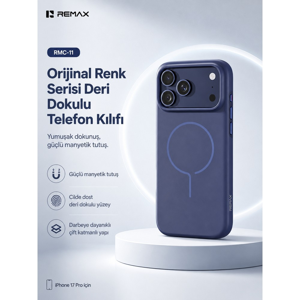 Arka planda metin ve simgeler olan beyaz kaide üzerinde mavi deri telefon kılıfı.