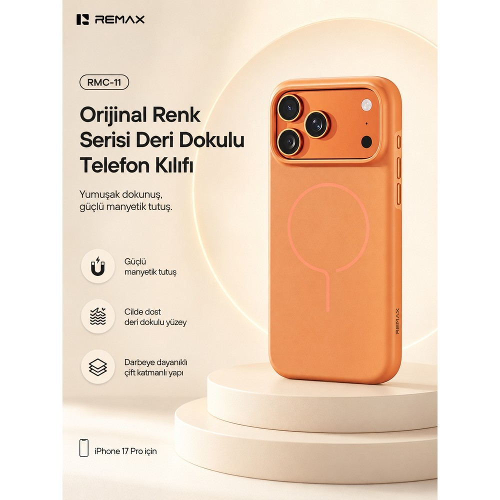 Yuvarlak podyum üzerinde turuncu renkli deri dokulu telefon kılıfı, kamera kesikleri, manyetik halka ve tanıtım yazısı.