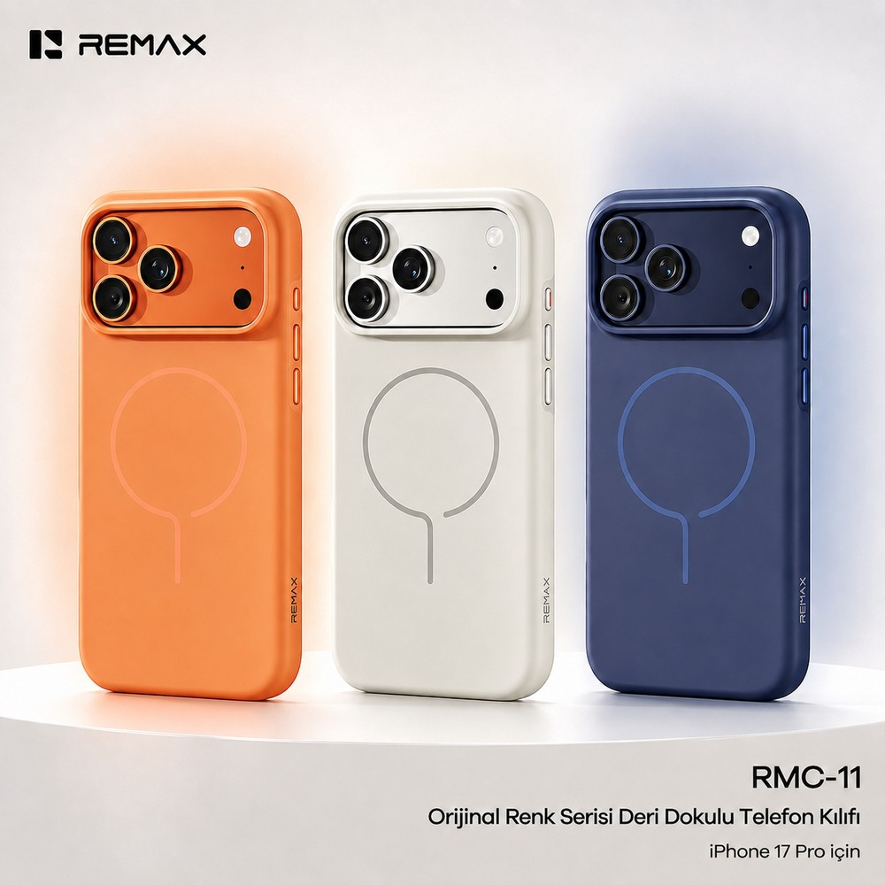 iPhone 17 Pro için turuncu, beyaz ve mavi renkli üç adet Remax telefon kılıfı, kamera kesikleri ve MagSafe halkalarıyla dik şekilde sergileniyor.