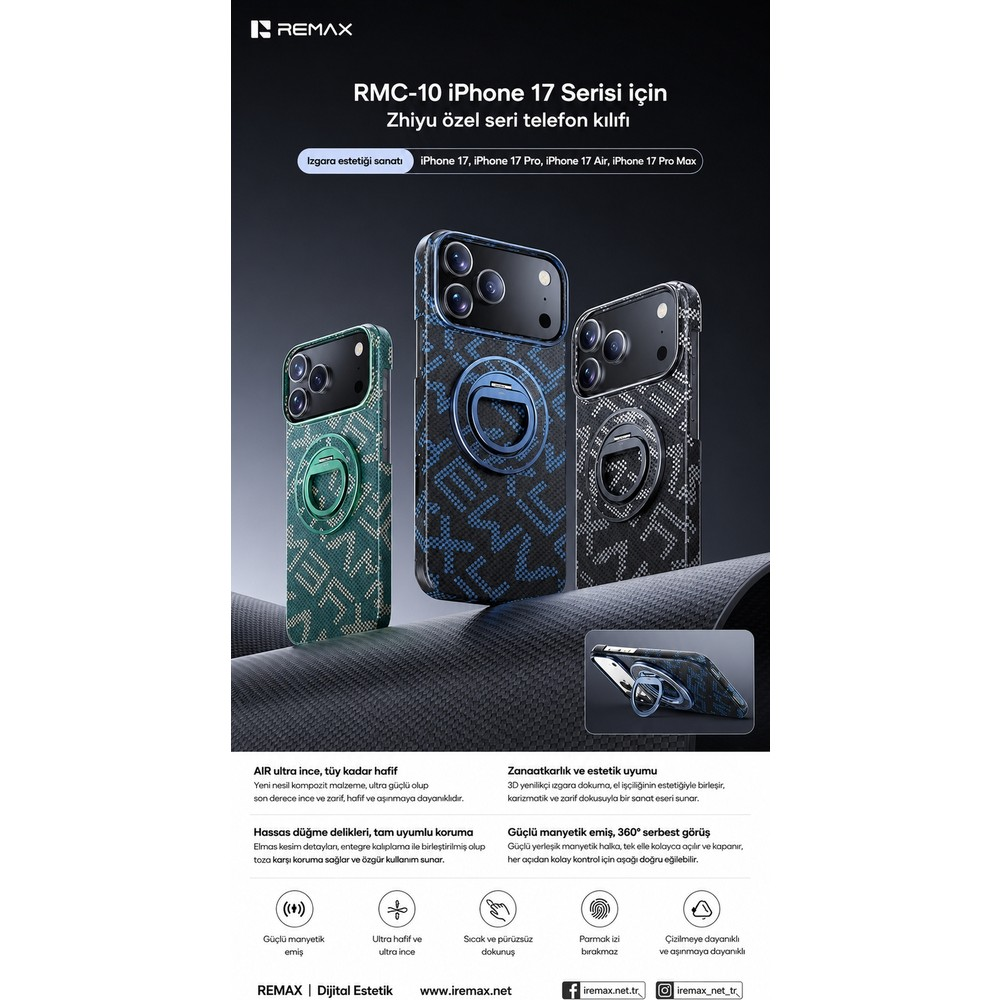 Üç renkli kılıf, halka stant ve metin içeren Remax RMC-10 iPhone 17 serisi kılıf reklamı.