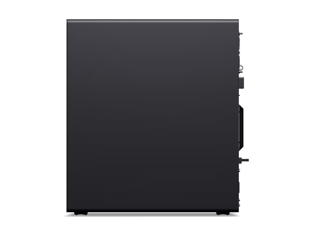 Seitenansicht eines schwarzen Computergehäuses auf weißem Hintergrund.