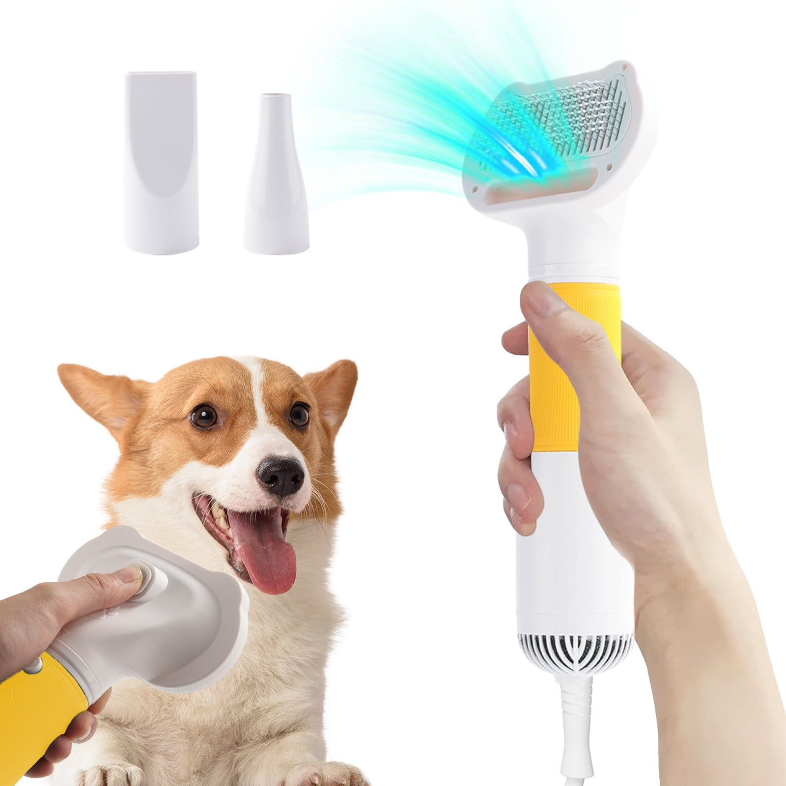 Hand hält weiße-gelbe Haustier-Föhnbürste mit blauen Windlinien, dahinter ein glücklicher Corgi und zwei Aufsätze.