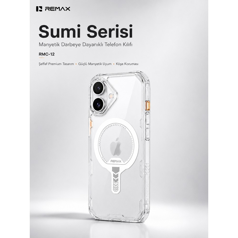 Şeffaf MagSafe telefon kılıfı ve köşe koruması beyaz arka planda.