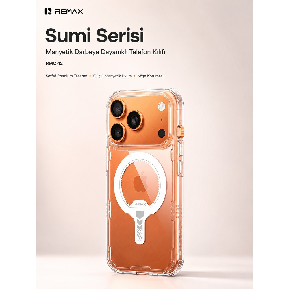 Şeffaf MagSafe kılıflı, kamera lensli ve arkasında beyaz manyetik halka olan turuncu akıllı telefon.
