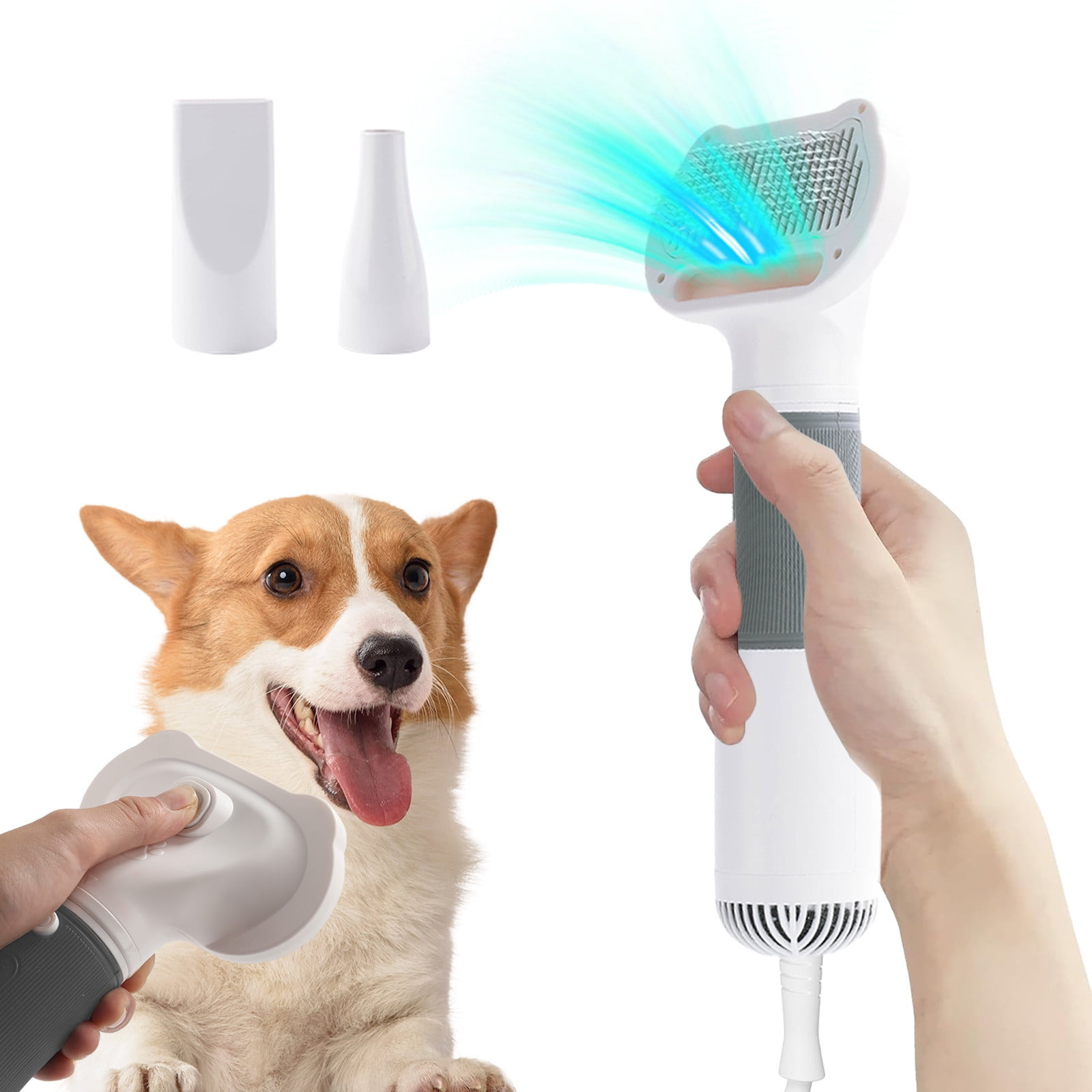 Eine Hand hält eine Haustierbürste mit Föhfunktion, die blaue Luft bläst, neben einem Corgi und Aufsätzen.