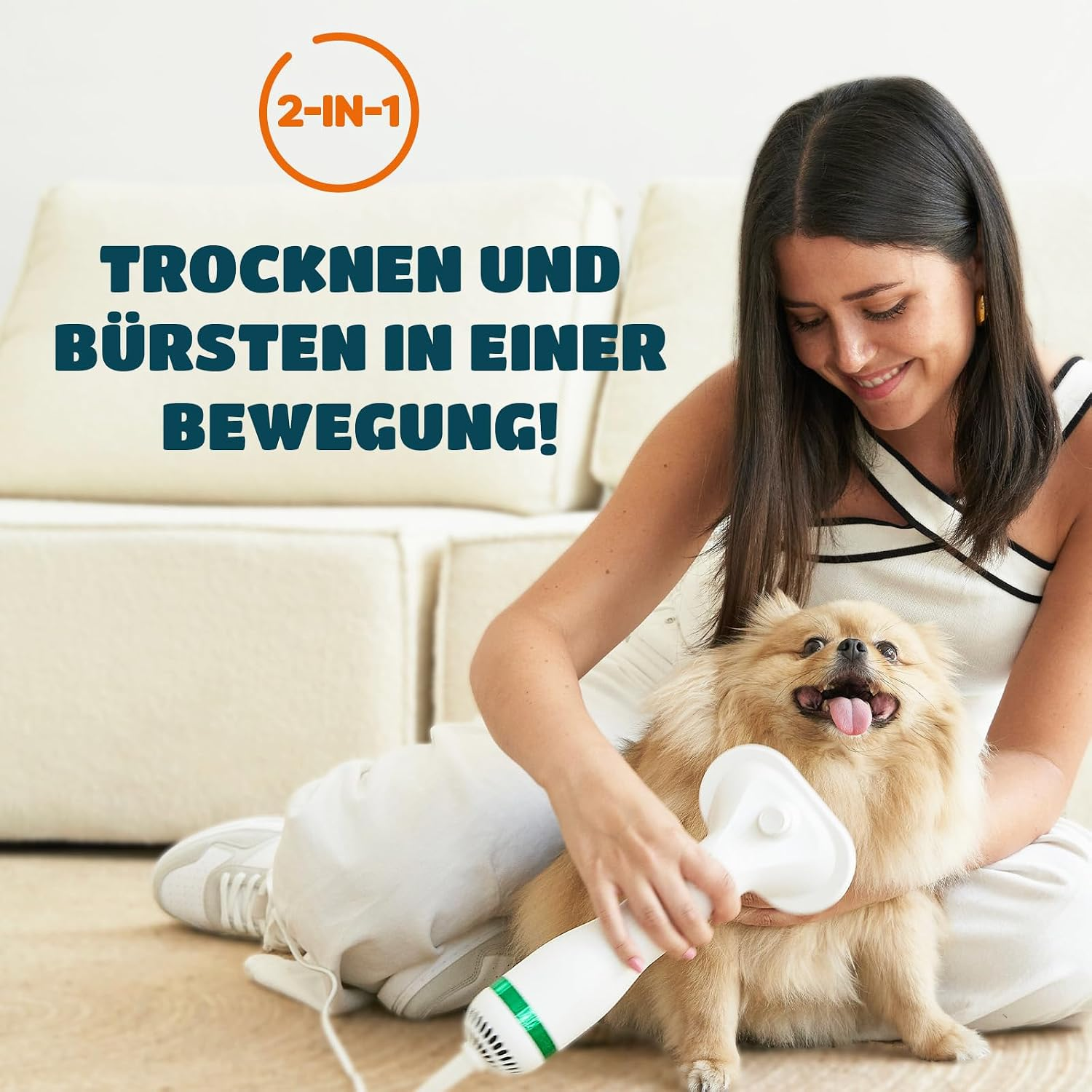 Eine Frau bürstet ihren kleinen Pomeranian-Hund mit einem weißen 2-in-1-Föhnbürstengerät auf einem hellen Teppich.