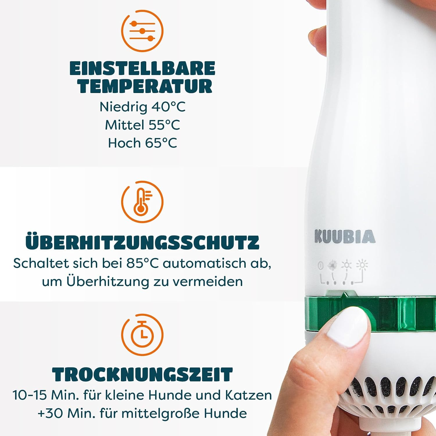 Produktinfografik zeigt verstellbare Temperatur, Überhitzungsschutz und Trocknungszeit für ein Haustier-Haartrocknungsgerät.