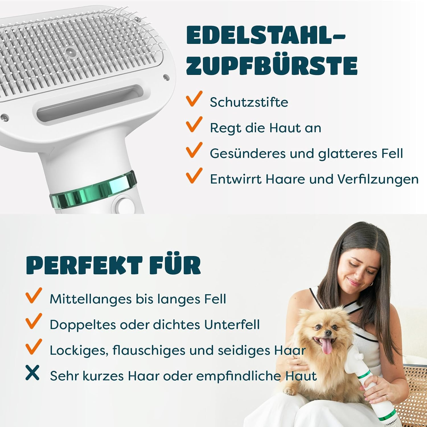 Eine Edelstahl-Zupfbürste für Haustiere mit deutschem Text, Vorteilen und einer Frau, die einen kleinen Hund bürstet.