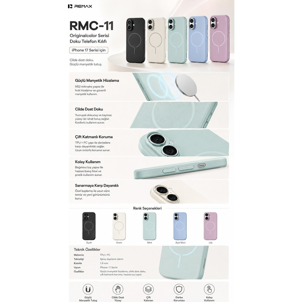 RMC-11 telefon kılıfı için renkleri, mıknatıs özelliklerini ve korumayı gösteren ürün reklamı.