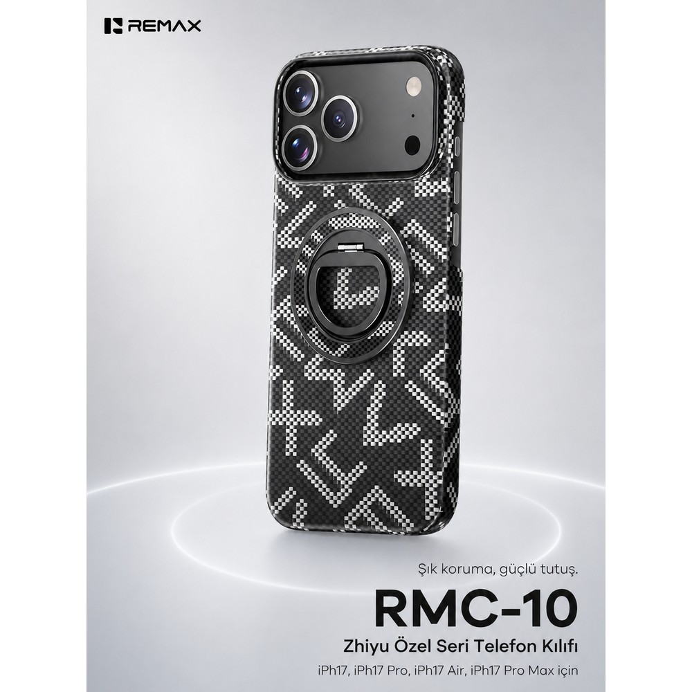 Açık arka plan üzerinde desenli ve halka tutuculu siyah Remax RMC-10 telefon kılıfı.