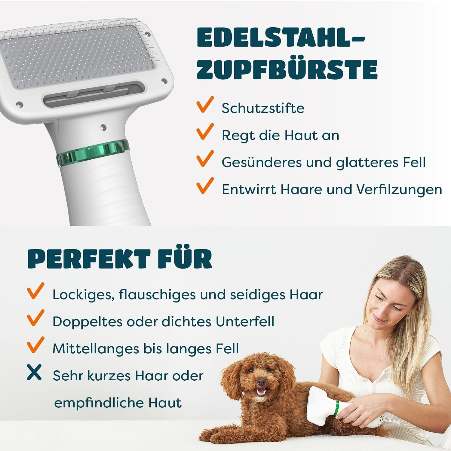 Edelstahl-Zupfbürste für Haustiere mit deutscher Produktbeschreibung und Frau, die Hund bürstet.