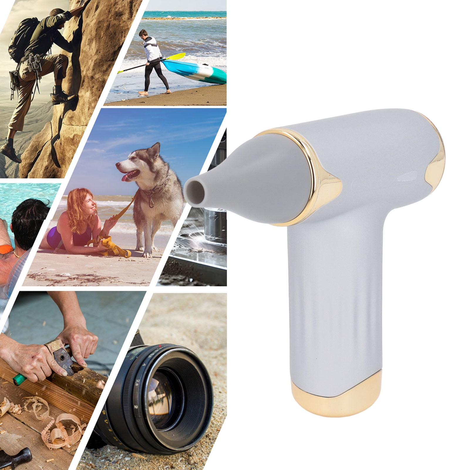 Ein graues Handgerät mit goldenen Akzenten, umgeben von verschiedenen Ausschnitten mit Outdoor-Szenen.