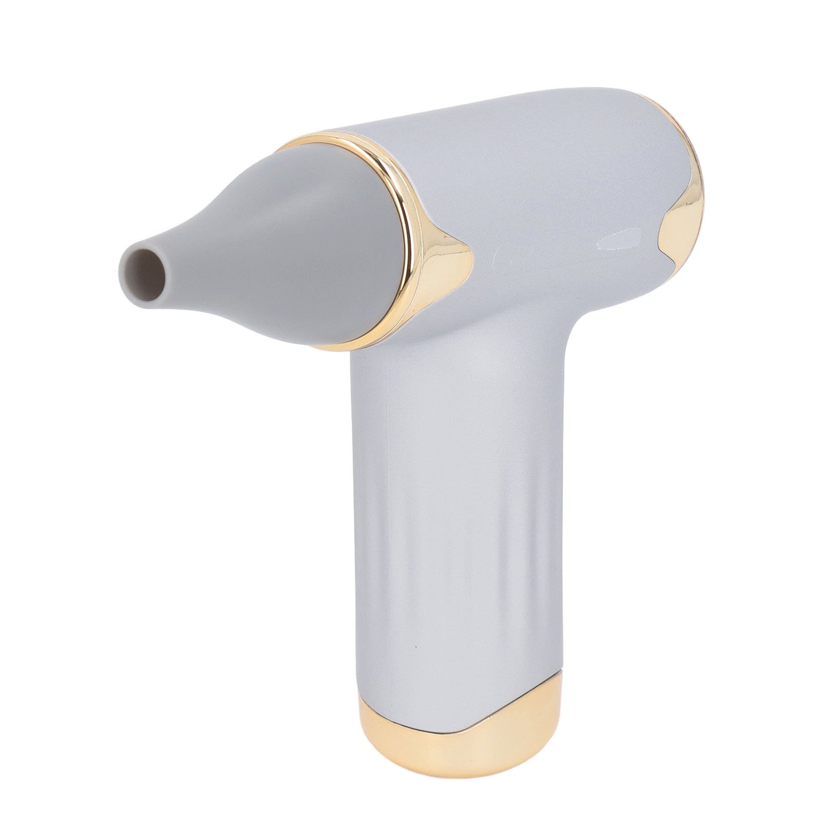 Ein graues Handgerät mit goldenen Akzenten, einer T-Form und einer schmalen Düse vor einem weißen Hintergrund.