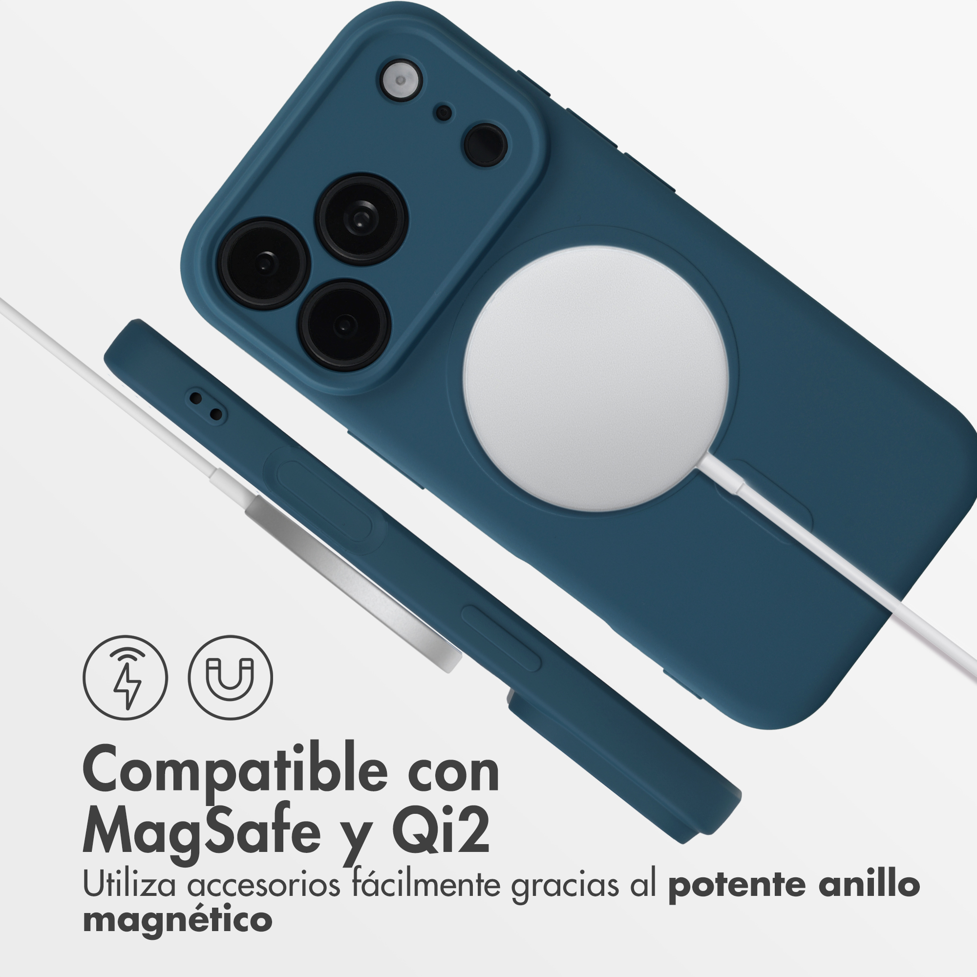 A blue phone case with a MagSafe ring and charging cable on a white background, showing side and back views.