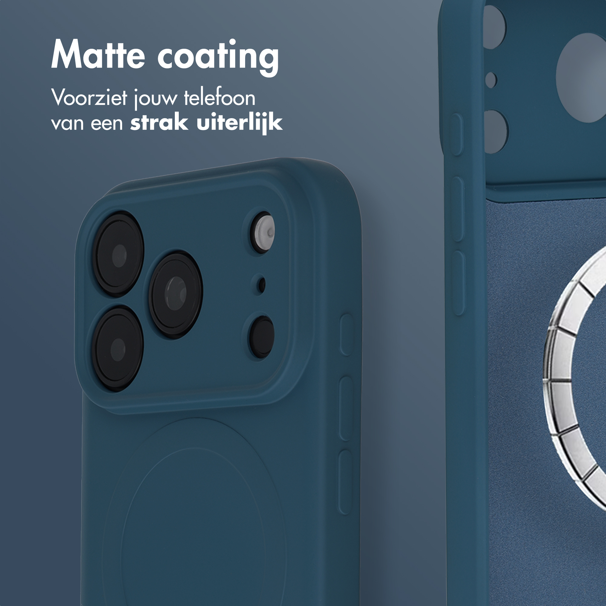 Blue smartphone case with a matte coating and integrated MagSafe ring.
