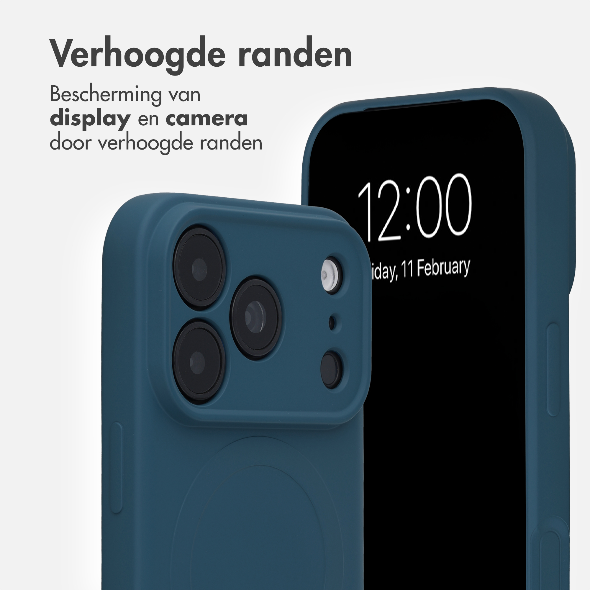 A blue smartphone case highlights raised edges for display and camera protection, with Dutch text in the background.