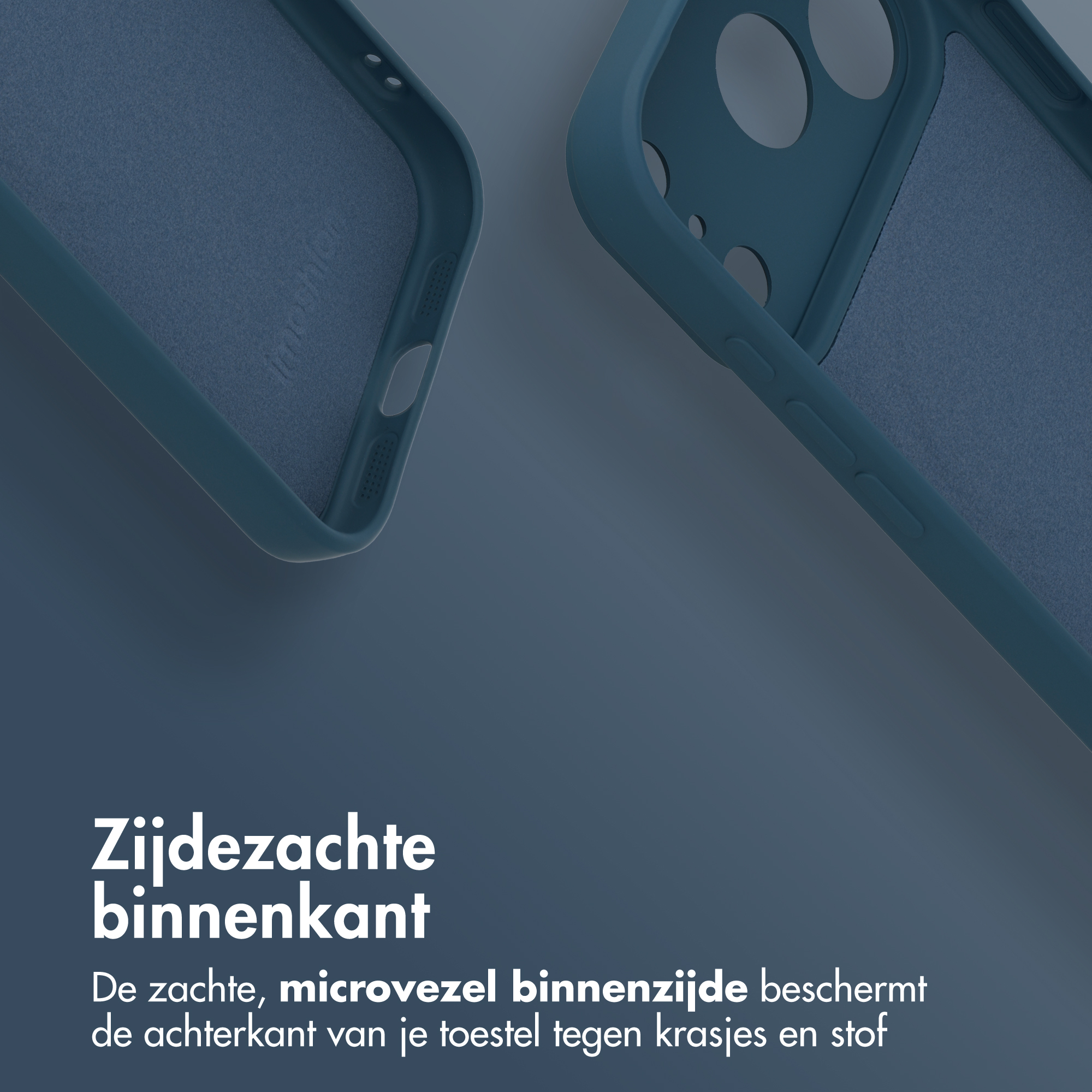 Blue smartphone case with soft microfiber interior and Dutch text overlay.