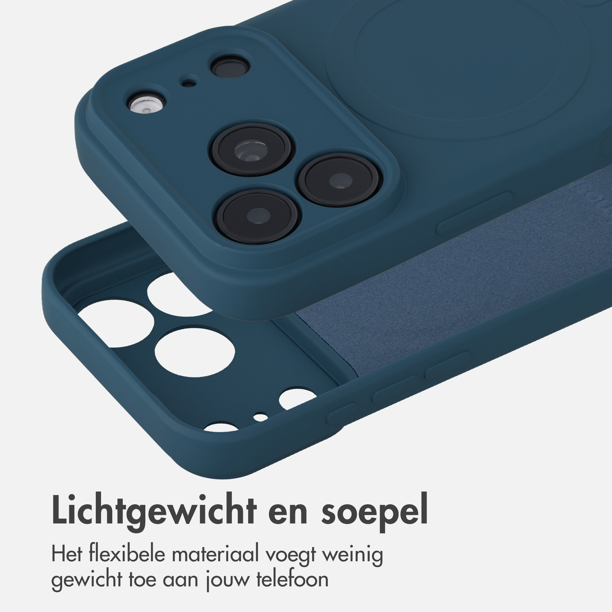 A dark blue flexible phone case with camera cutouts and MagSafe ring on a light background.