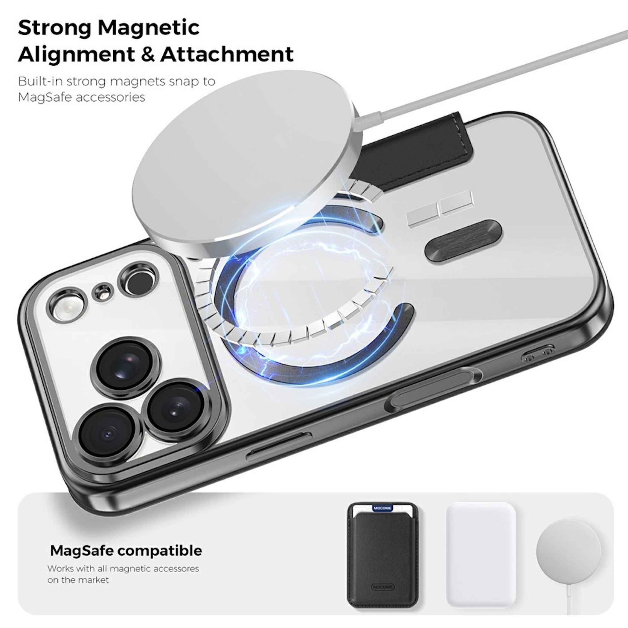 Starke magnetische Ausrichtung mit einer MagSafe-Hülle und einem Ladegerät.