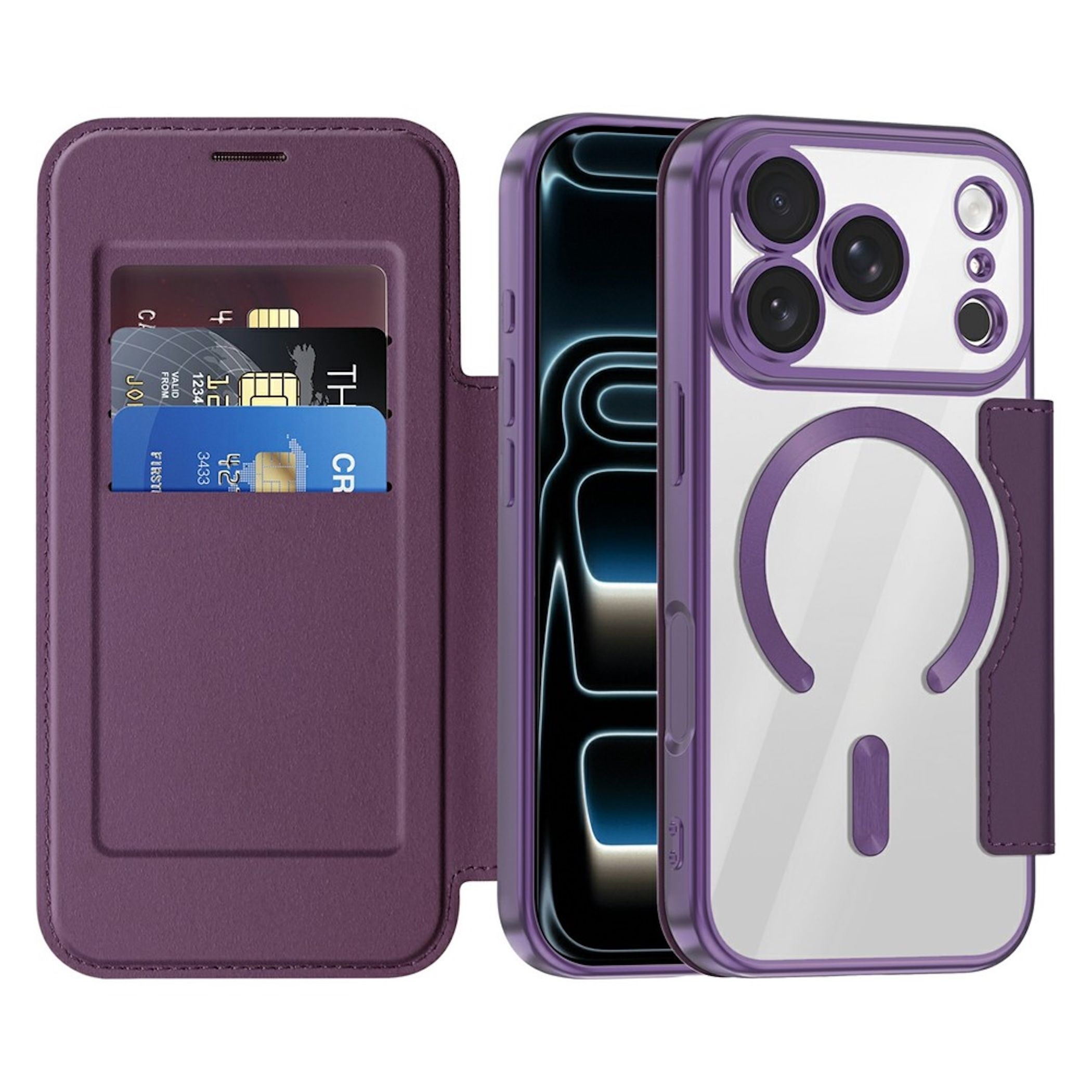 Lila Smartphone-Hülle mit Kartenhalter auf dem offenen Deckel, Kreditkarten und MagSafe-Ring auf der Rückseite.