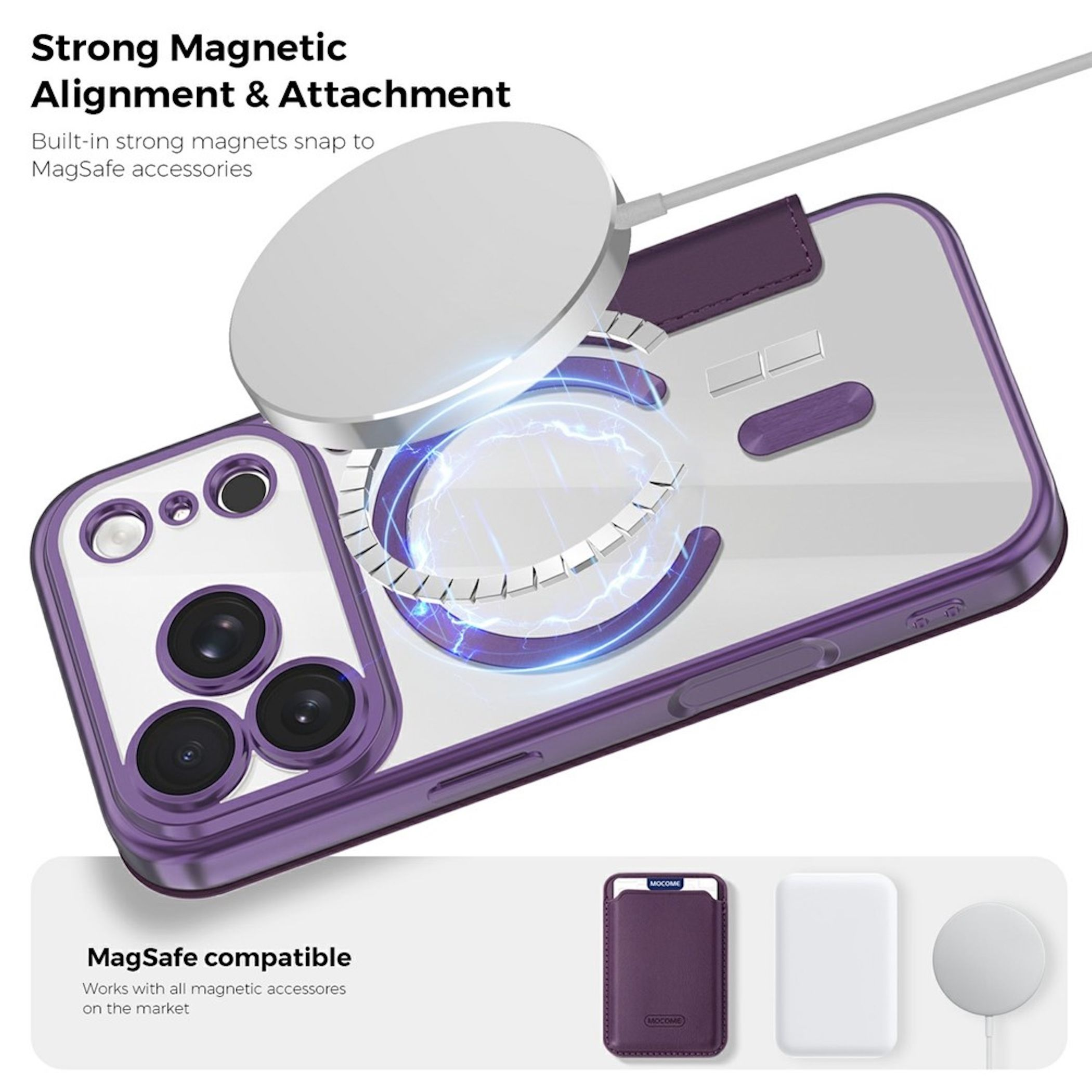 Lila Handyhülle mit MagSafe-Magnetring und Ladegerät in der Nähe.