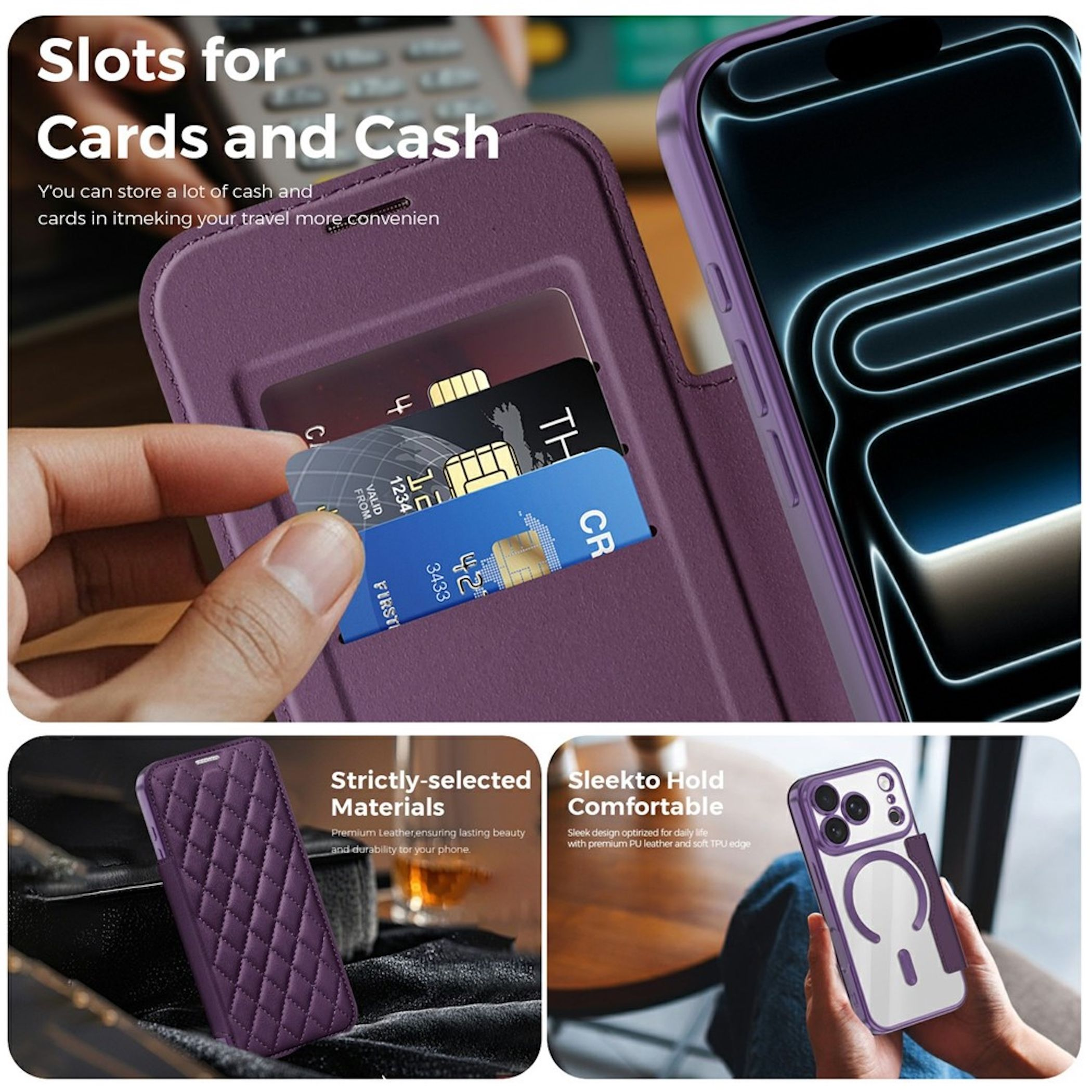 Lila Handyhülle mit Kartenfächern und integriertem Ständer für Smartphones.