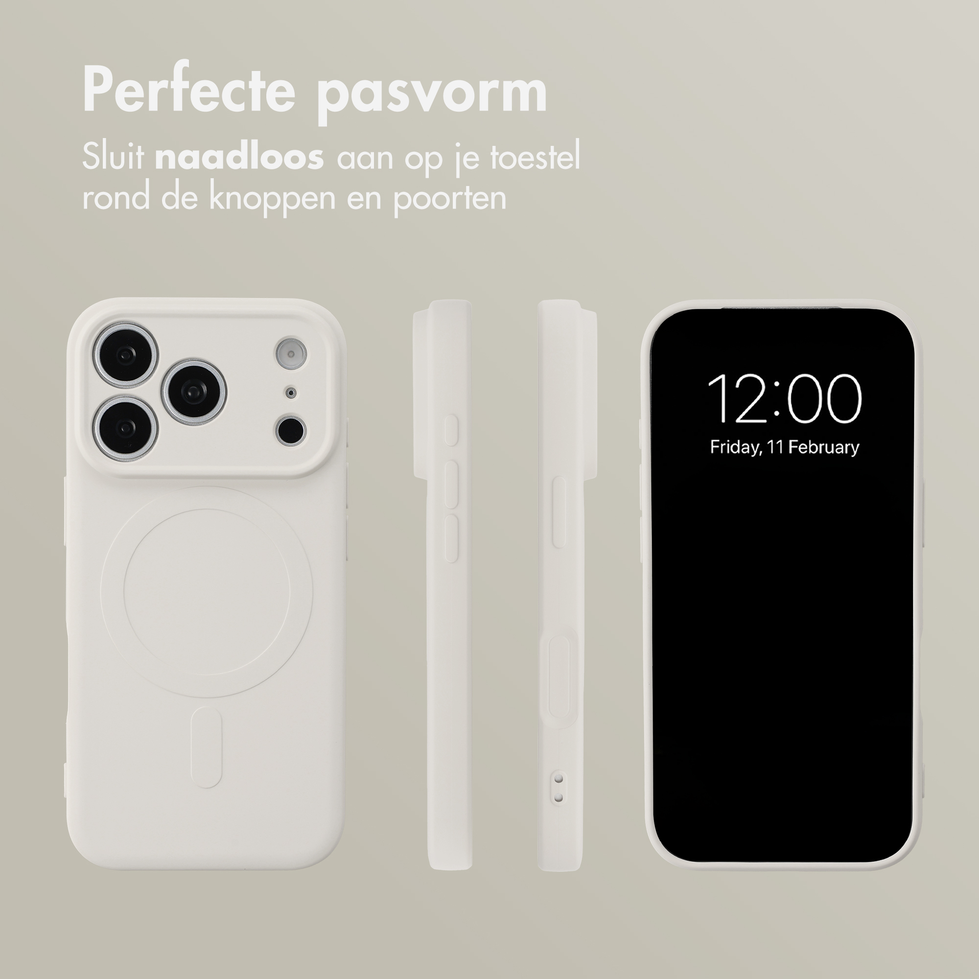 Different views of a white phone case, showing the back, sides, and front with a phone.