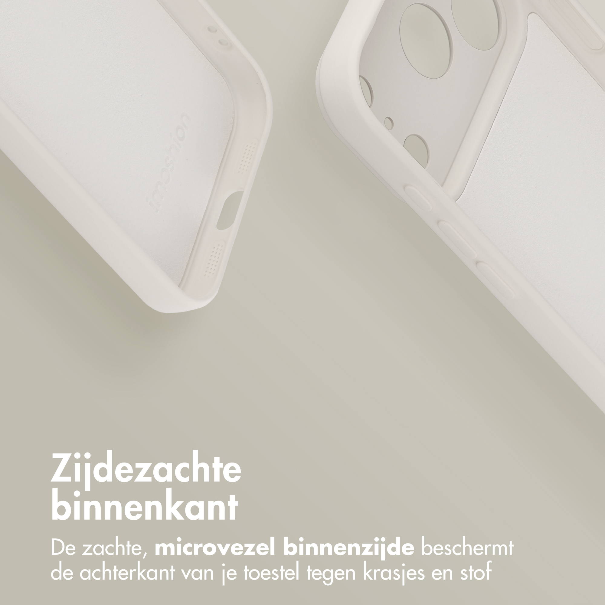 Two white smartphone cases on a light background with text.