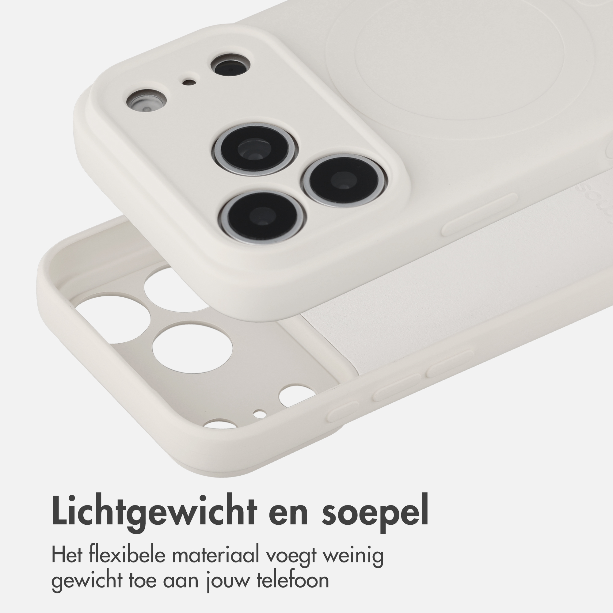 A close-up of a white, flexible smartphone case showing its camera cutouts and back design.