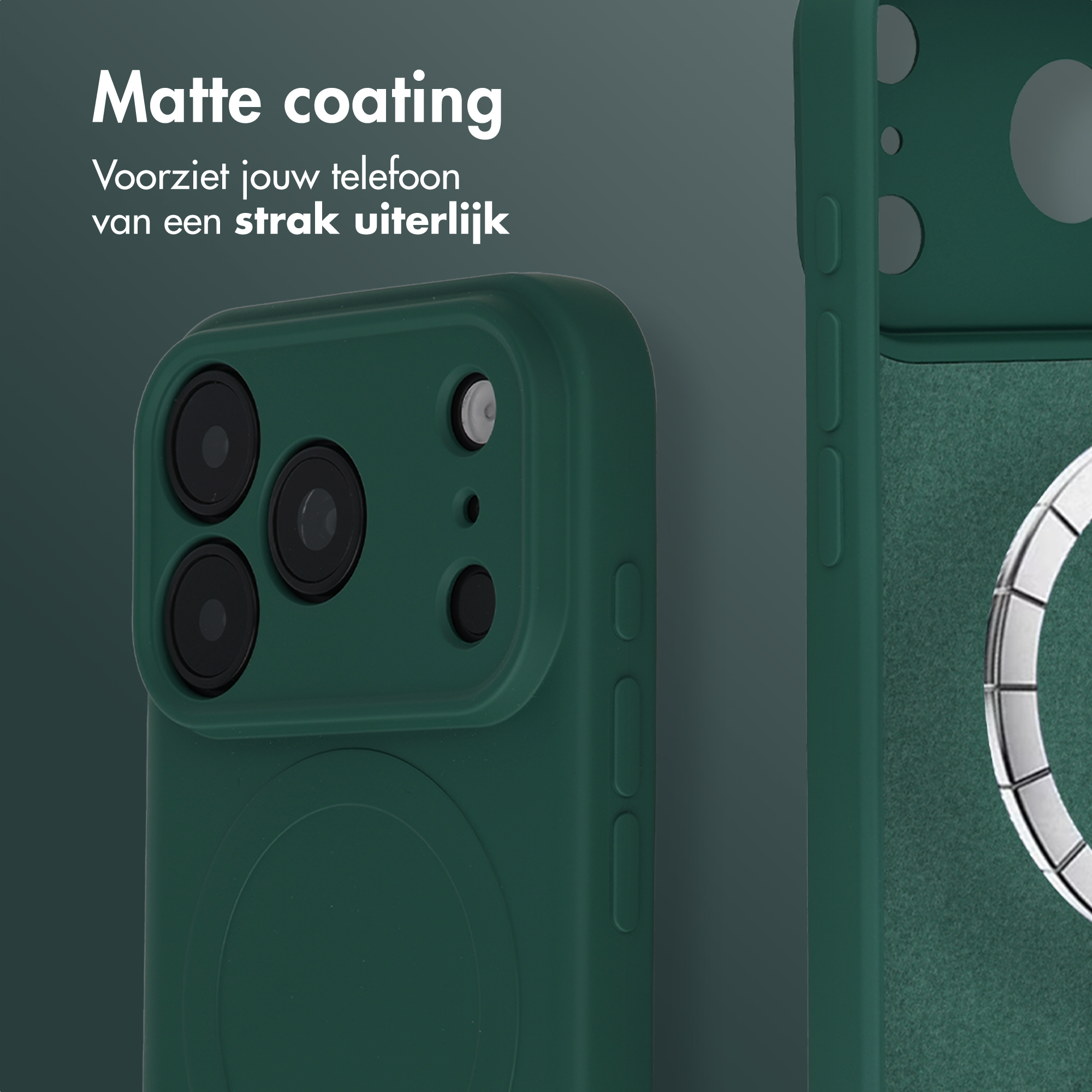Dark green matte phone case with camera cutouts and white text on the left.