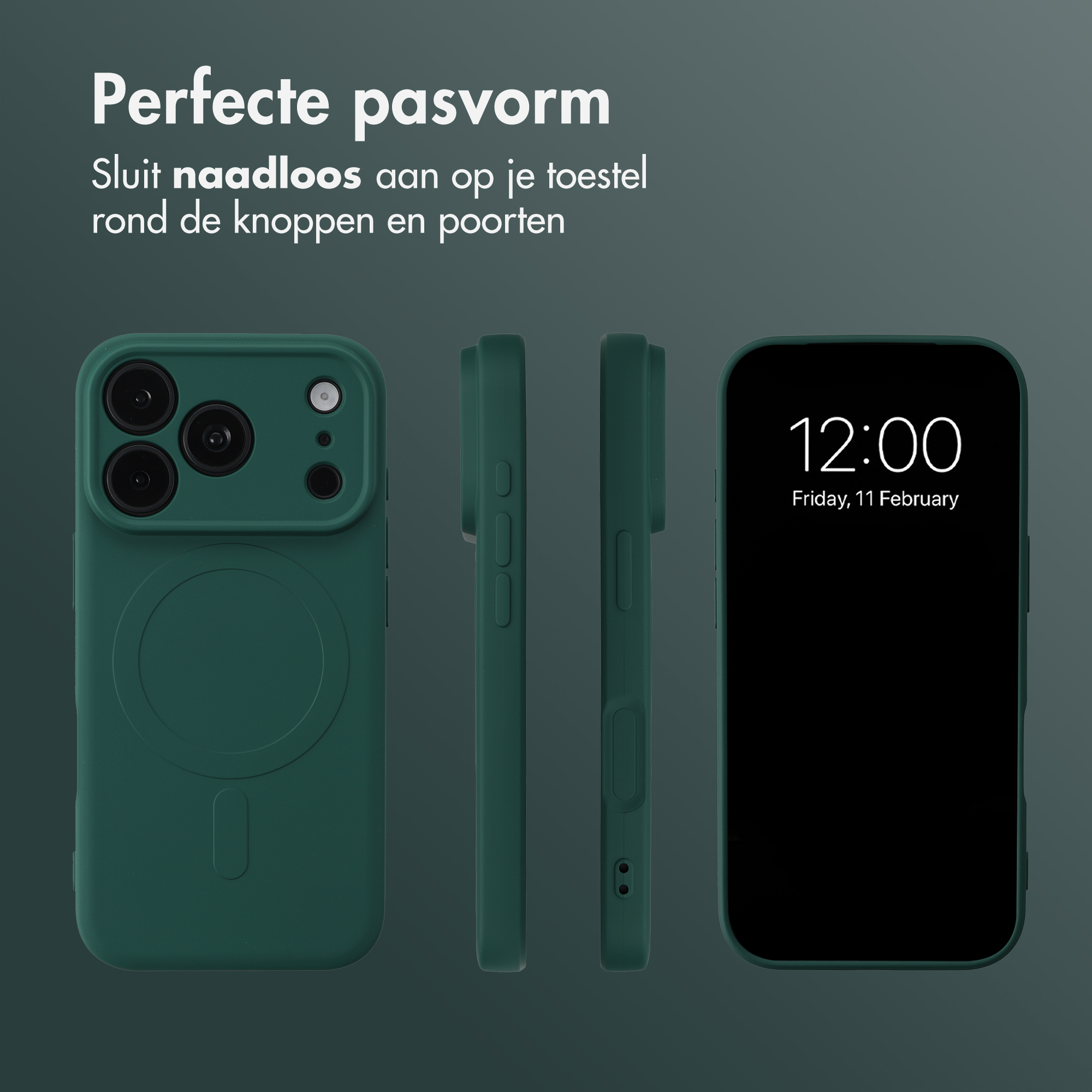 Dark green smartphone case shown from different angles with text.