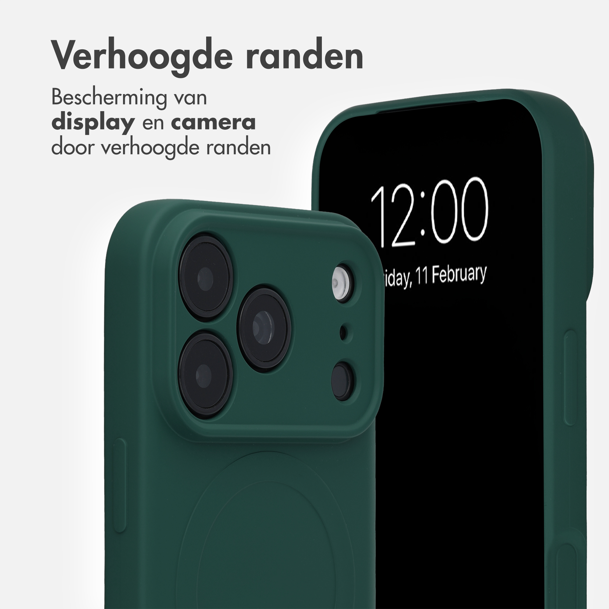 Two dark green smartphone cases shown with Dutch text highlighting raised edges for screen and camera protection.