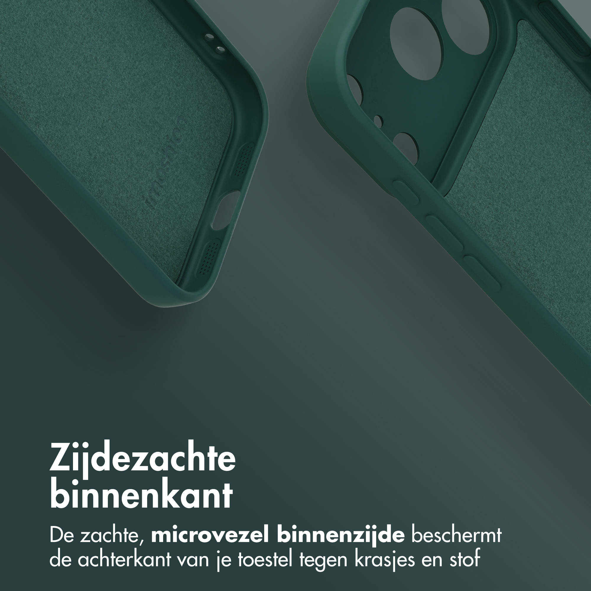 Two green smartphone cases with soft microfiber lining on a dark green background with Dutch text.