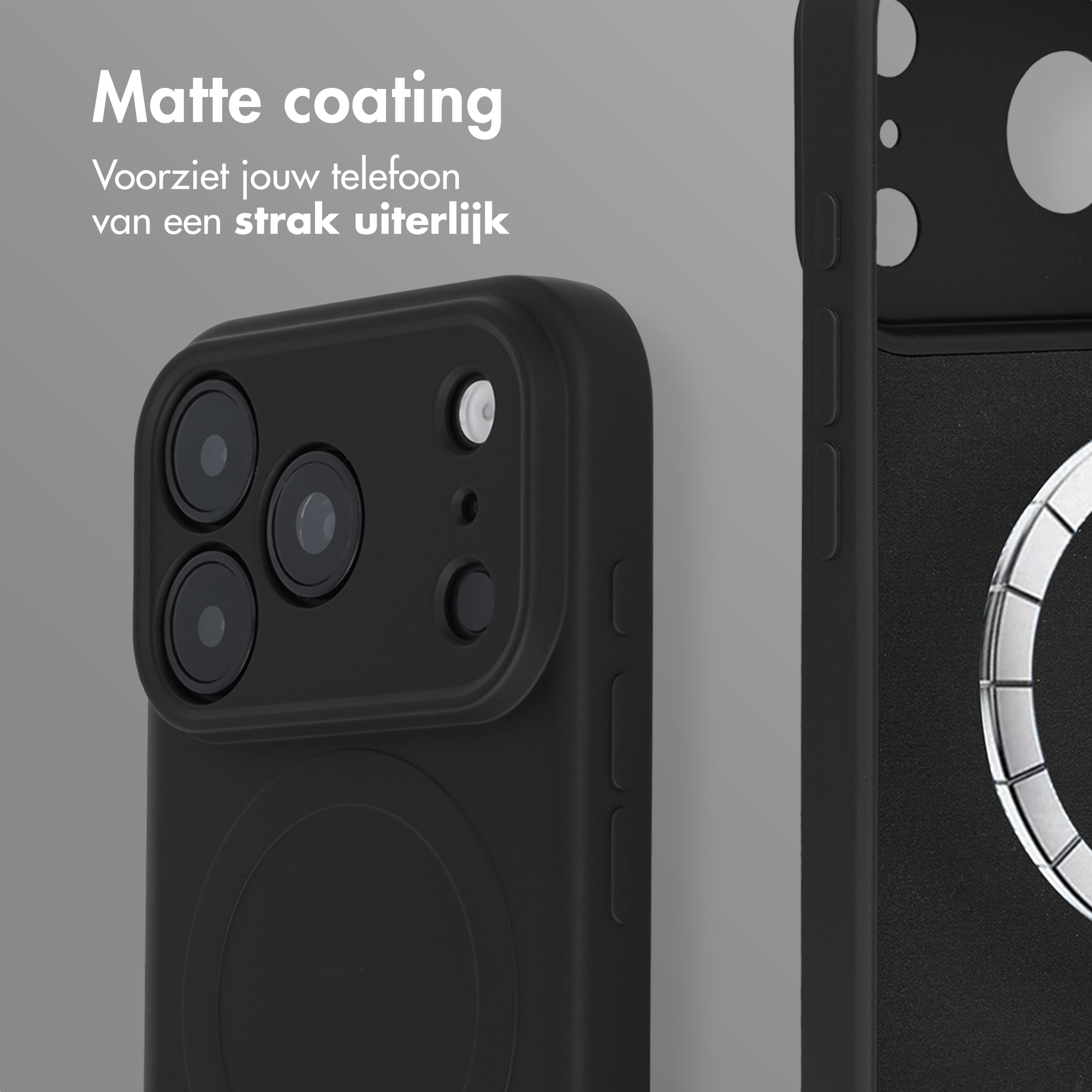 A close-up of a black smartphone case with a matte coating, showing camera cutouts and text in the background.