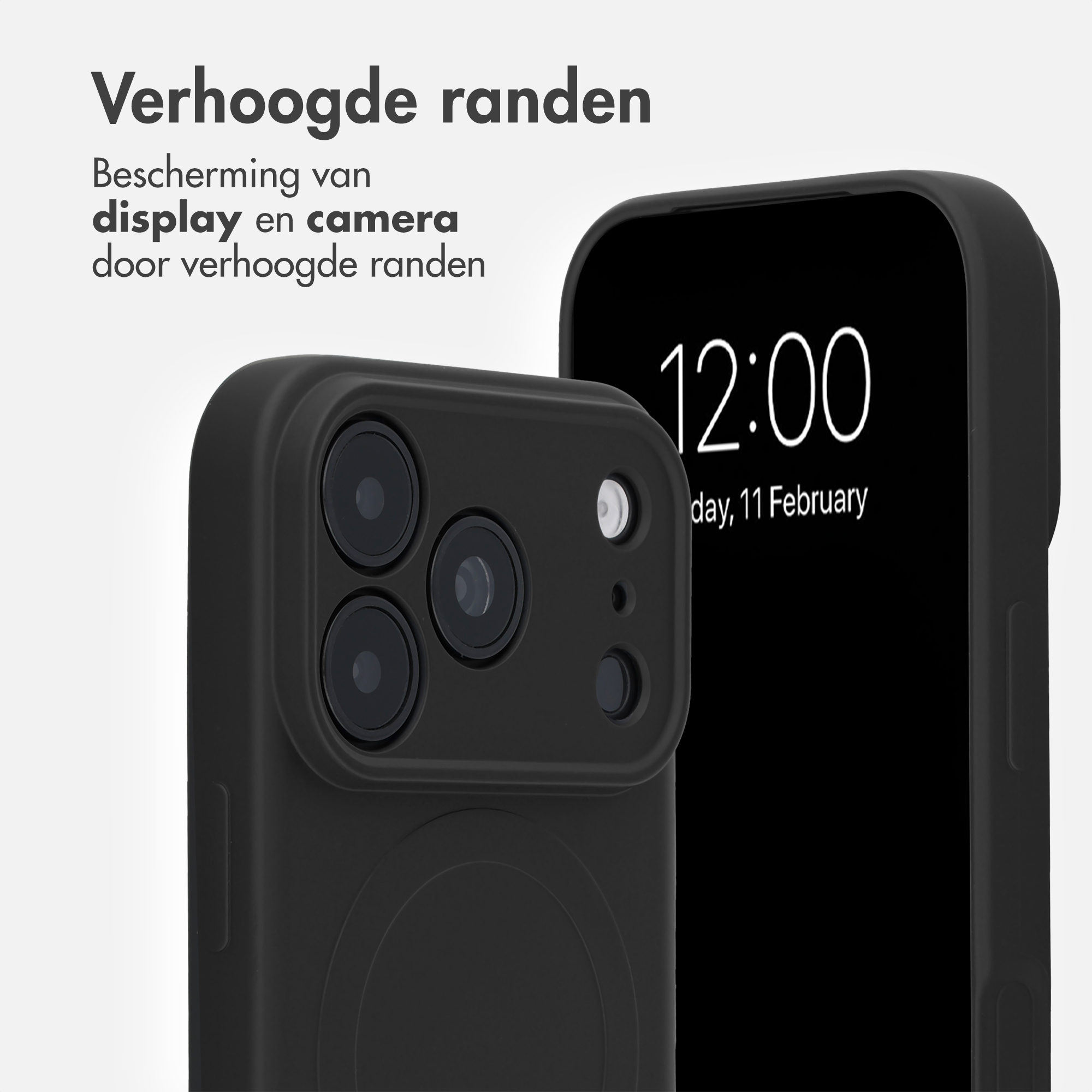 Black phone case with raised edges for display and camera protection against scratches.