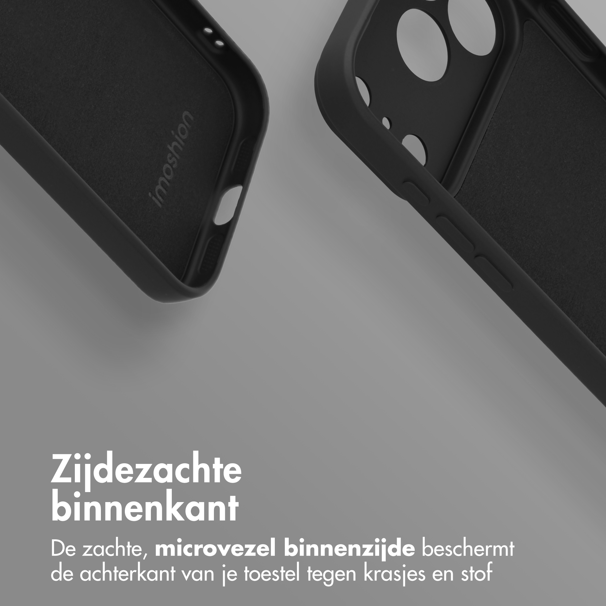 Two black smartphone cases with a soft microfiber interior and text on a grey background.