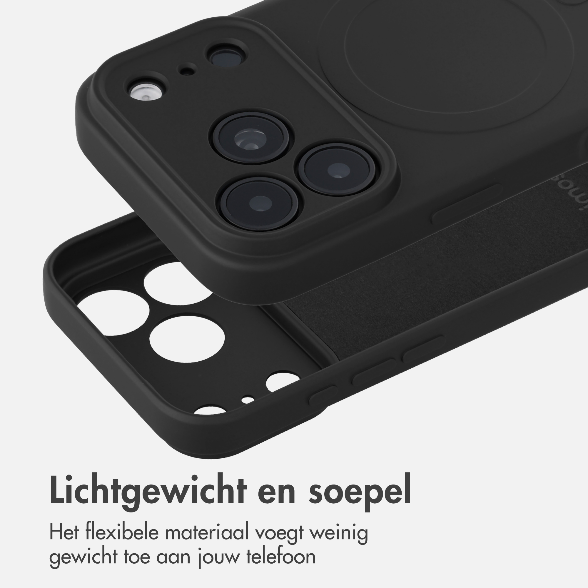 A black smartphone case with camera cutouts and text below stating Lichtgewicht en soepel.