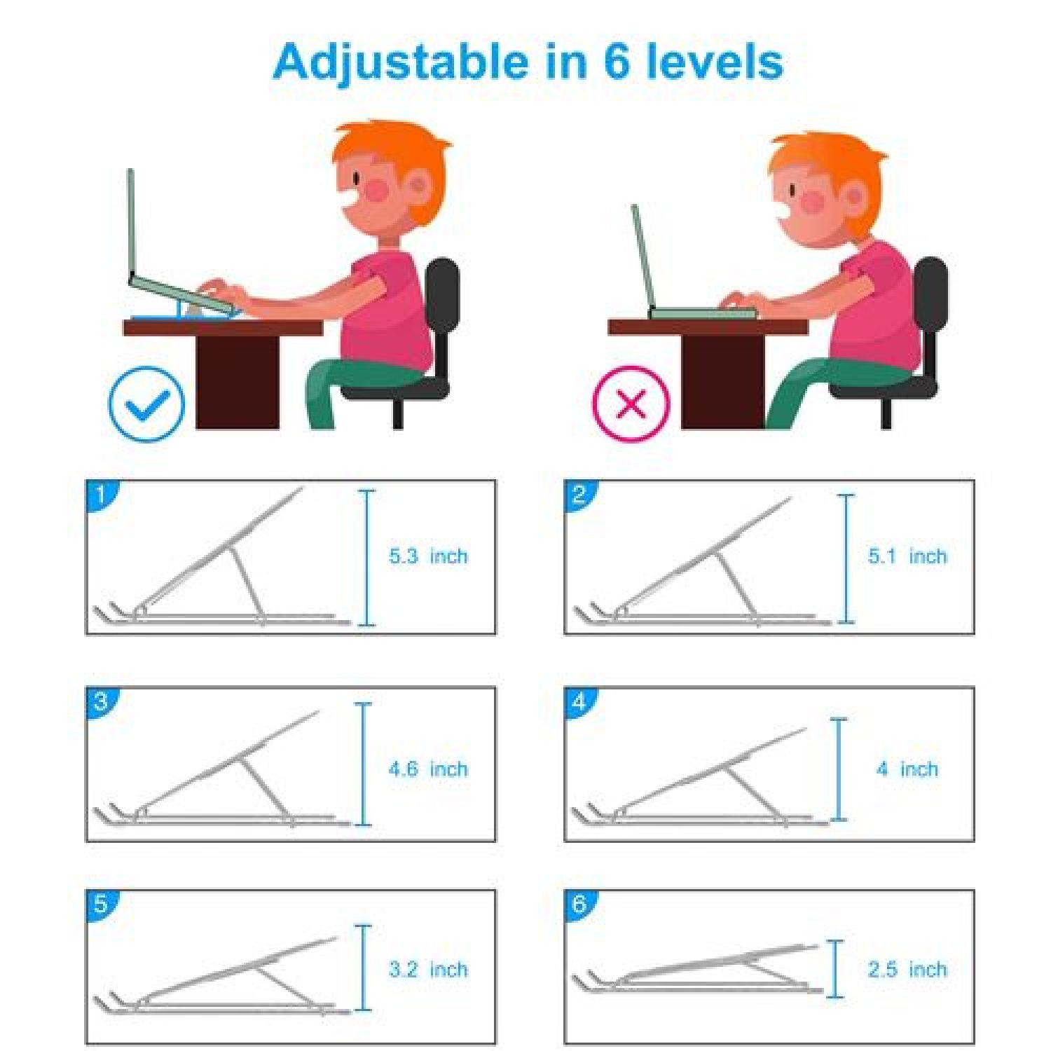 Illustration zeigt korrekte und falsche Laptop-Ergonomie sowie sechs verstellbare Stufen.
