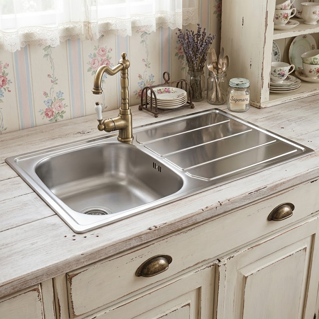 Lavello in acciaio inox con rubinetto in ottone vintage su bancone bianco decapato con carta da parati floreale.